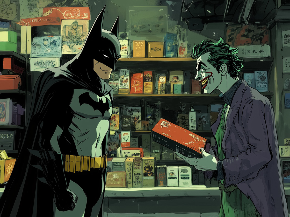 Batman und Joker in einem Comic Shop. Erstellt mit der Bilder-KI Midjourney