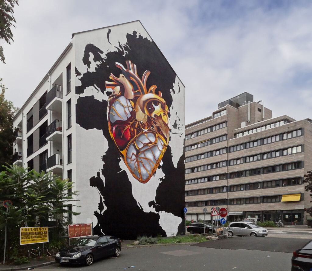 Golden Heart - Mural des Urban-Art-Künstlers Cor in der Ecke Seilerstraße und Heiligkreuzgasse in Frankfurt am Main