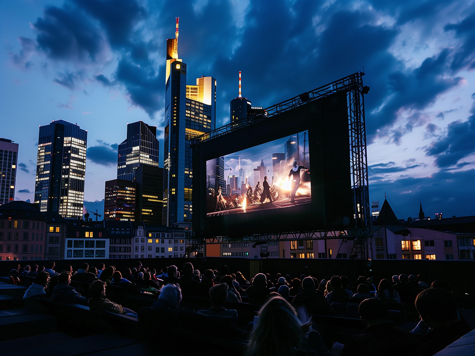Viele Besucher beim Open Air Kino über den Dächern von Frankfurt