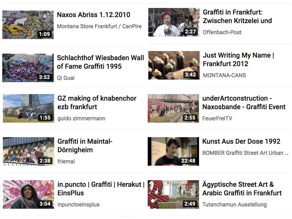 Video-Playlist auf YouTube für Urban Art in Frankfurt und Hessen